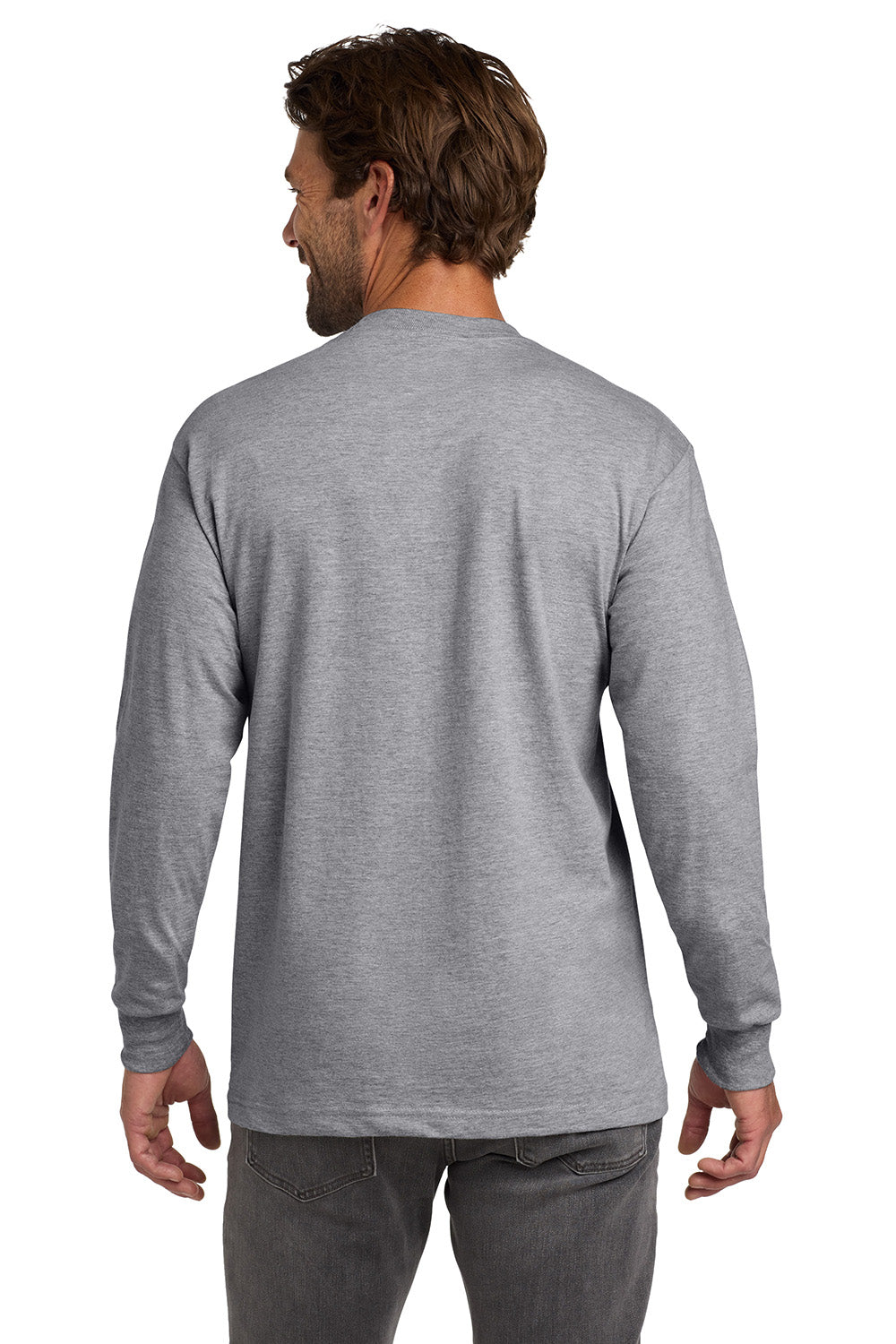 Hanes 5186 Mens Beefy-T Long Sleeve Crewneck T-Shirt Light Steel Grey Model Back