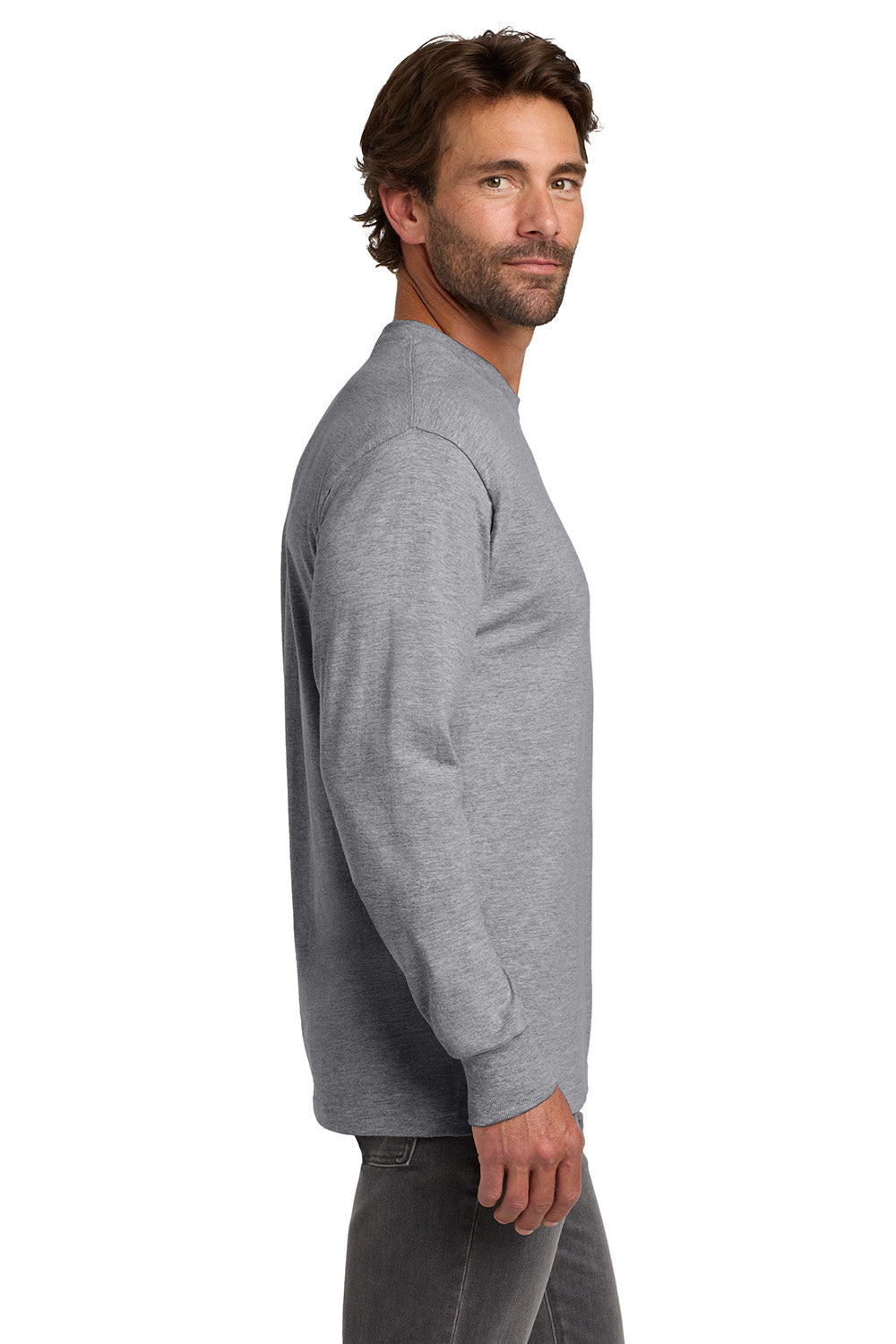 Hanes 5186 Mens Beefy-T Long Sleeve Crewneck T-Shirt Light Steel Grey Model Side