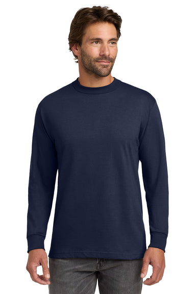 Hanes 5186 Mens Beefy-T Long Sleeve Crewneck T-Shirt Navy Blue Model Front