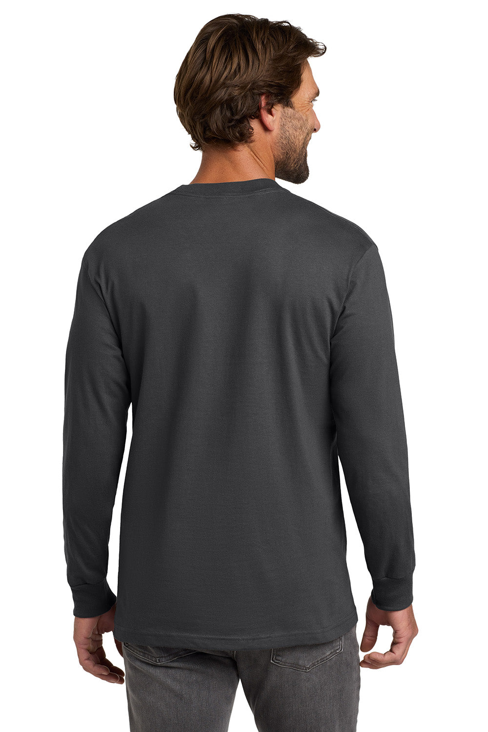 Hanes 5186 Mens Beefy-T Long Sleeve Crewneck T-Shirt Smoke Grey Model Back