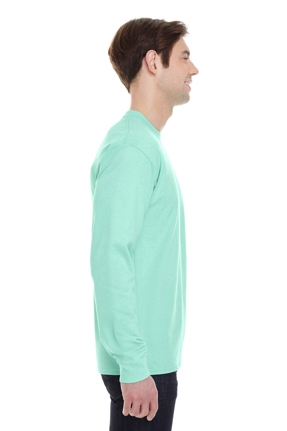 Hanes 5186 Mens Beefy-T Long Sleeve Crewneck T-Shirt Clean Mint Green Model Side