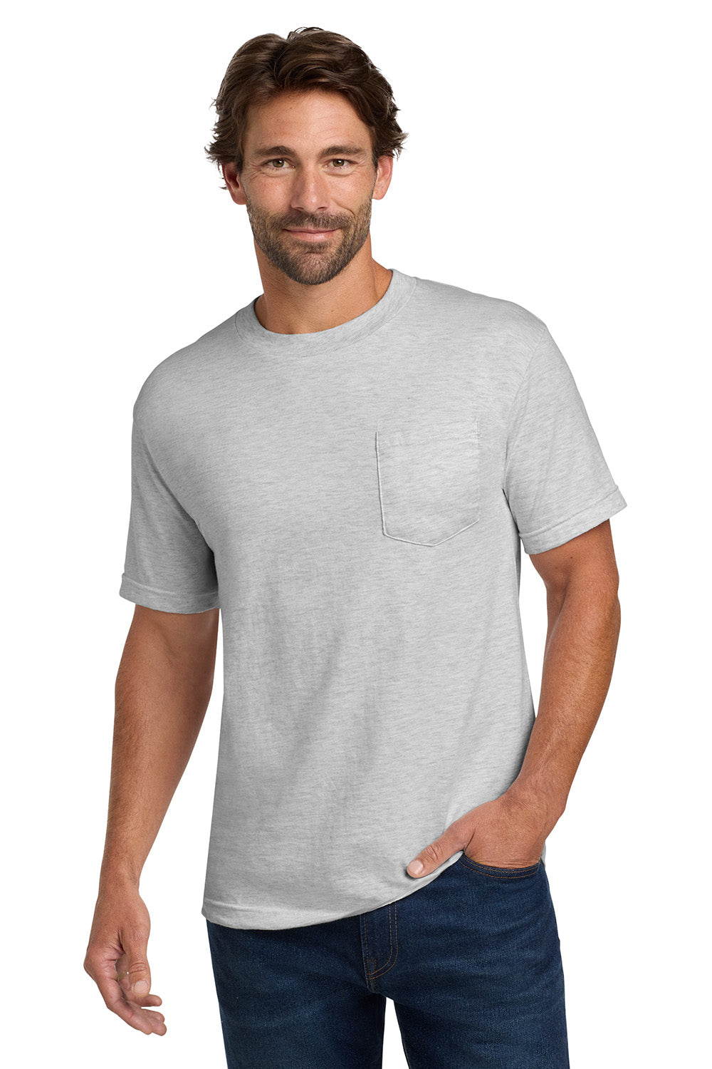 Hanes 5190/5190P Mens Beefy-T Short Sleeve Crewneck T-Shirt w/ Pocket Ash Grey Model Front