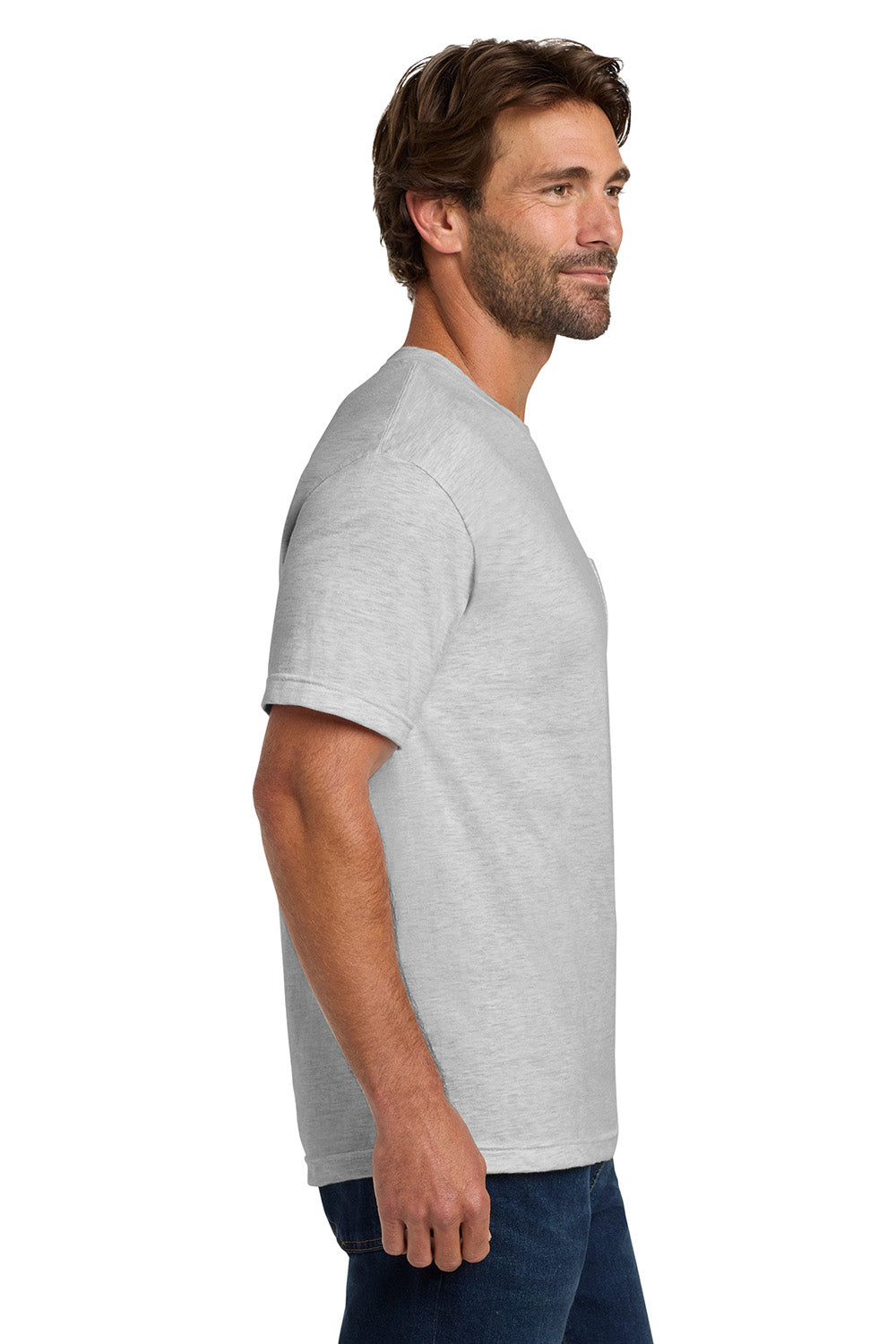 Hanes 5190/5190P Mens Beefy-T Short Sleeve Crewneck T-Shirt w/ Pocket Ash Grey Model Side