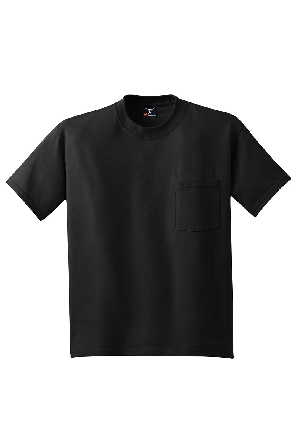 Hanes 5190/5190P Mens Beefy-T Short Sleeve Crewneck T-Shirt w/ Pocket Black Flat Front