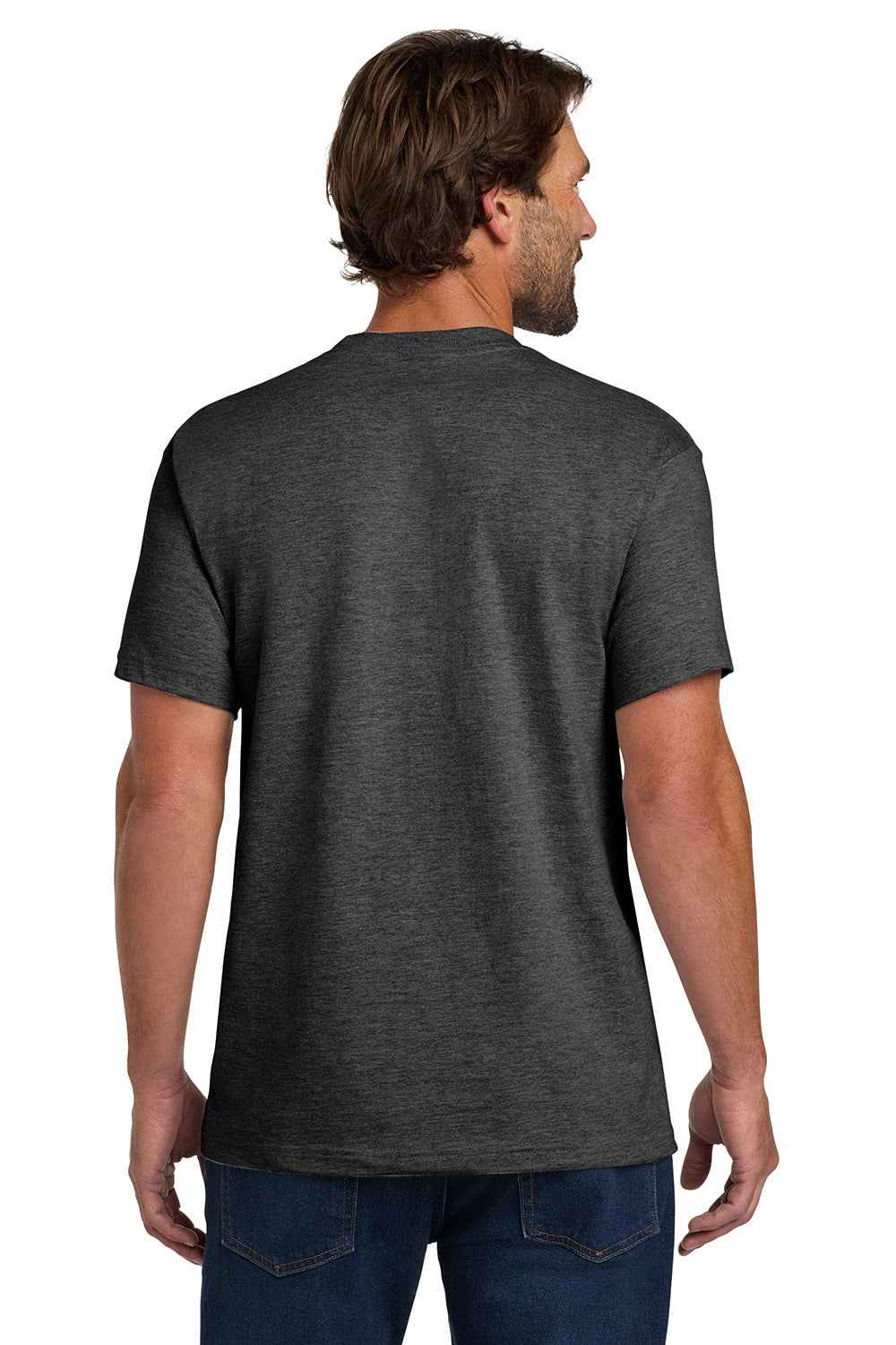 Hanes 5190/5190P Mens Beefy-T Short Sleeve Crewneck T-Shirt w/ Pocket Heather Charcoal Grey Model Back