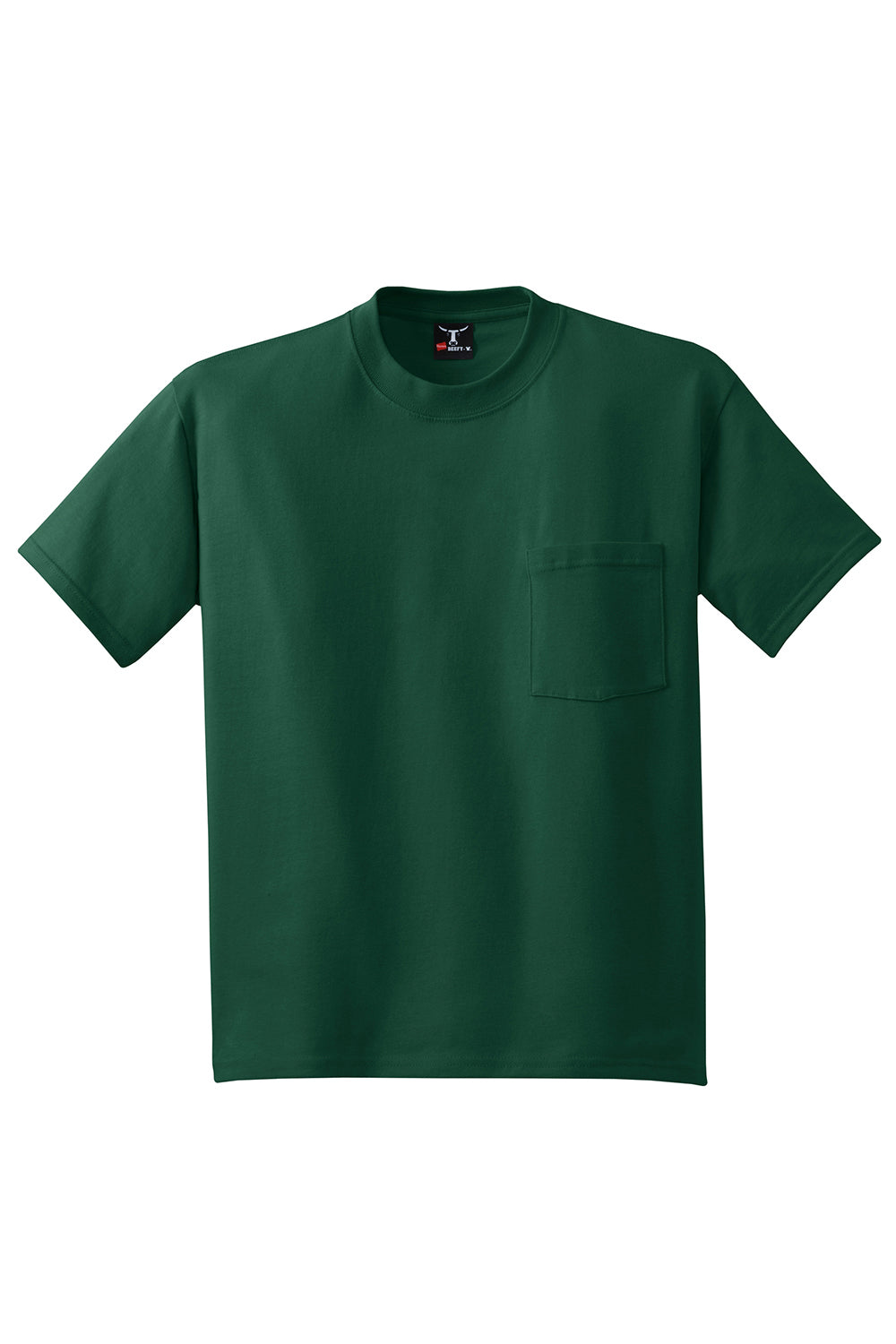 Hanes 5190/5190P Mens Beefy-T Short Sleeve Crewneck T-Shirt w/ Pocket Deep Forest Green Flat Front