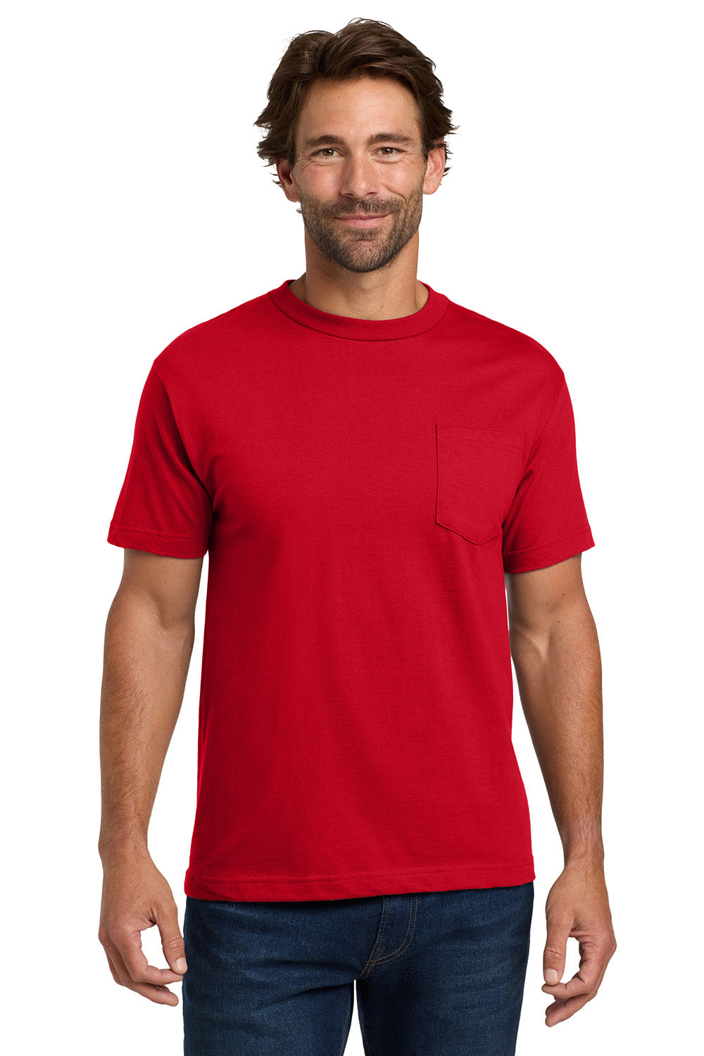 Hanes 5190/5190P Mens Beefy-T Short Sleeve Crewneck T-Shirt w/ Pocket Deep Red Model Front