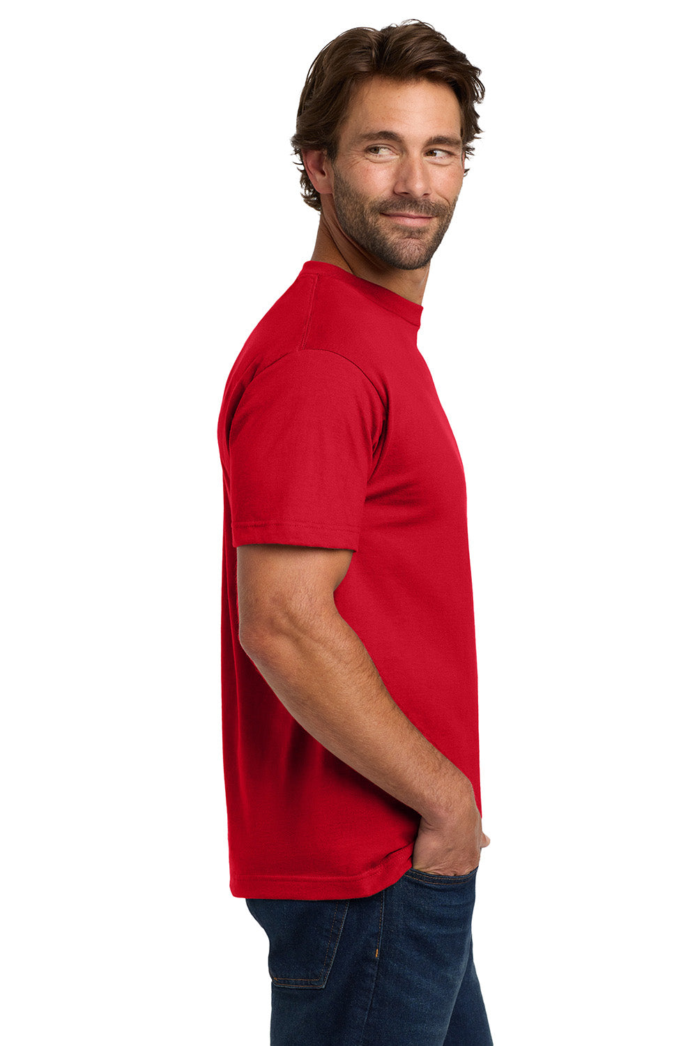 Hanes 5190/5190P Mens Beefy-T Short Sleeve Crewneck T-Shirt w/ Pocket Deep Red Model Side