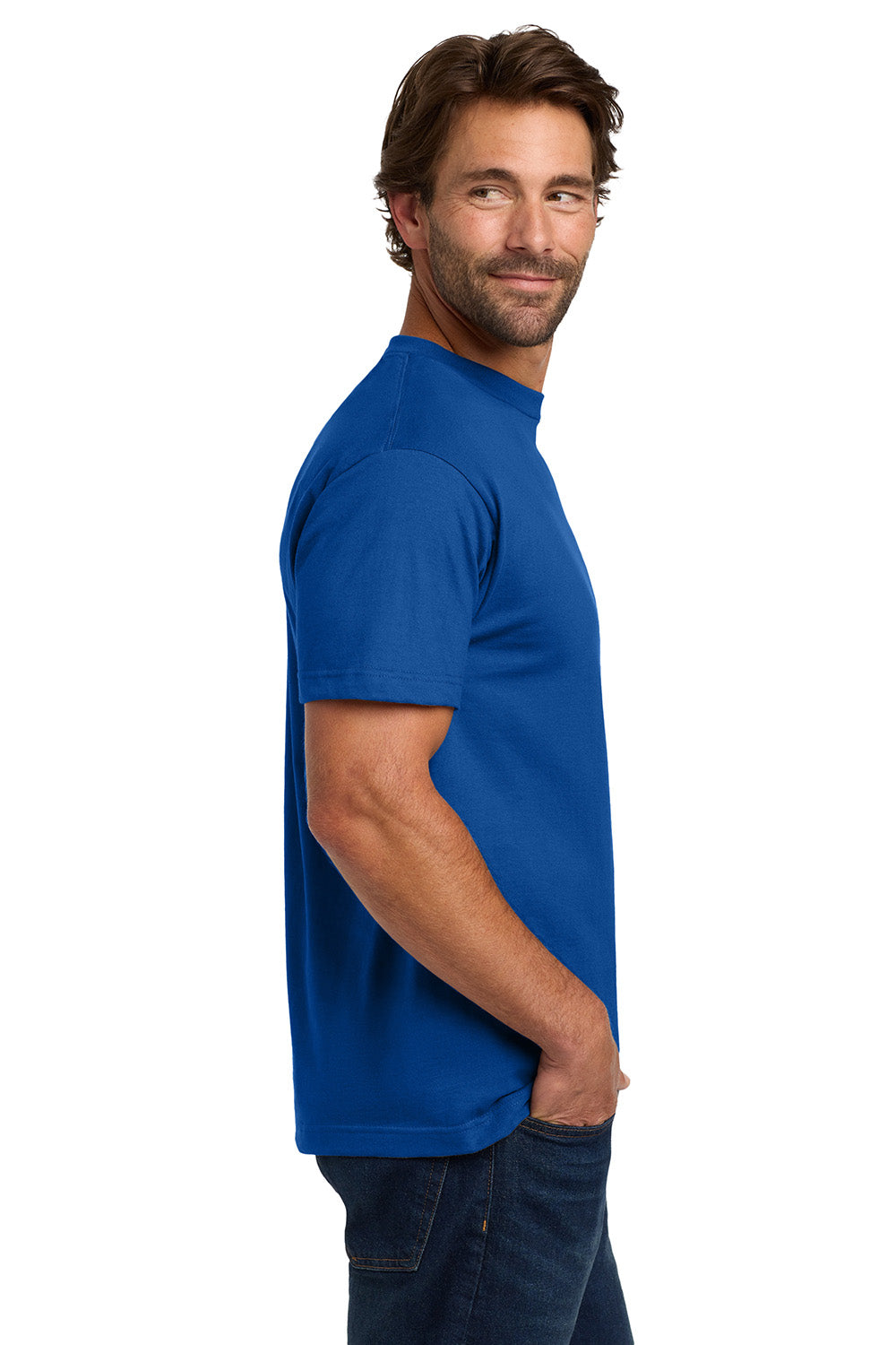 Hanes 5190/5190P Mens Beefy-T Short Sleeve Crewneck T-Shirt w/ Pocket Deep Royal Blue Model Side