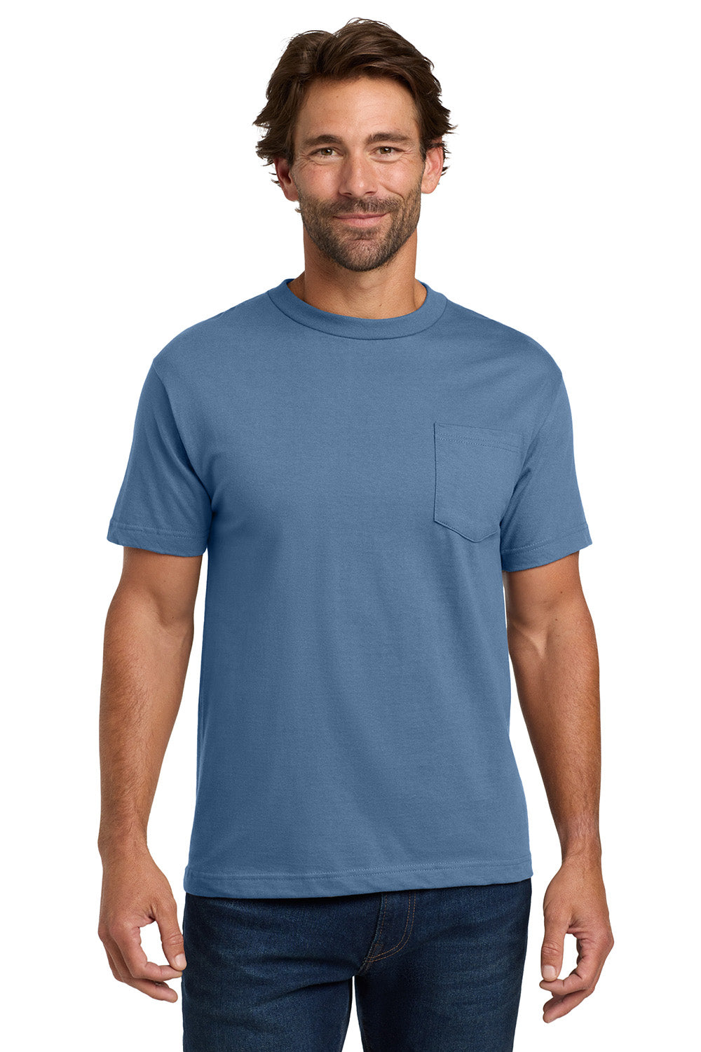 Hanes 5190/5190P Mens Beefy-T Short Sleeve Crewneck T-Shirt w/ Pocket Denim Blue Model Front