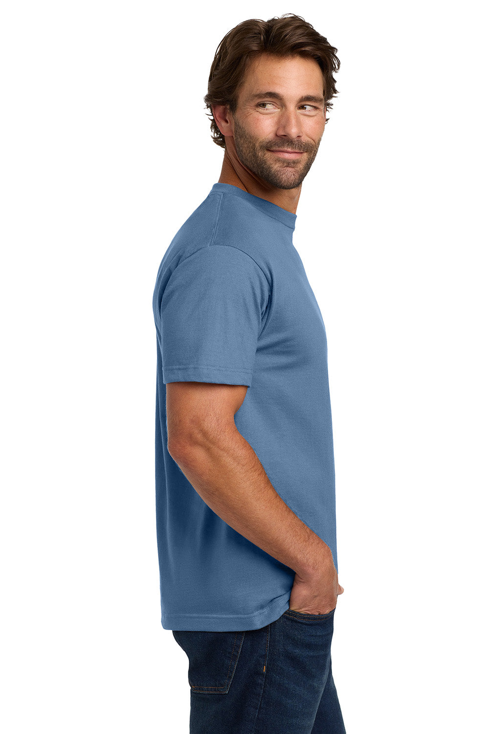 Hanes 5190/5190P Mens Beefy-T Short Sleeve Crewneck T-Shirt w/ Pocket Denim Blue Model Side