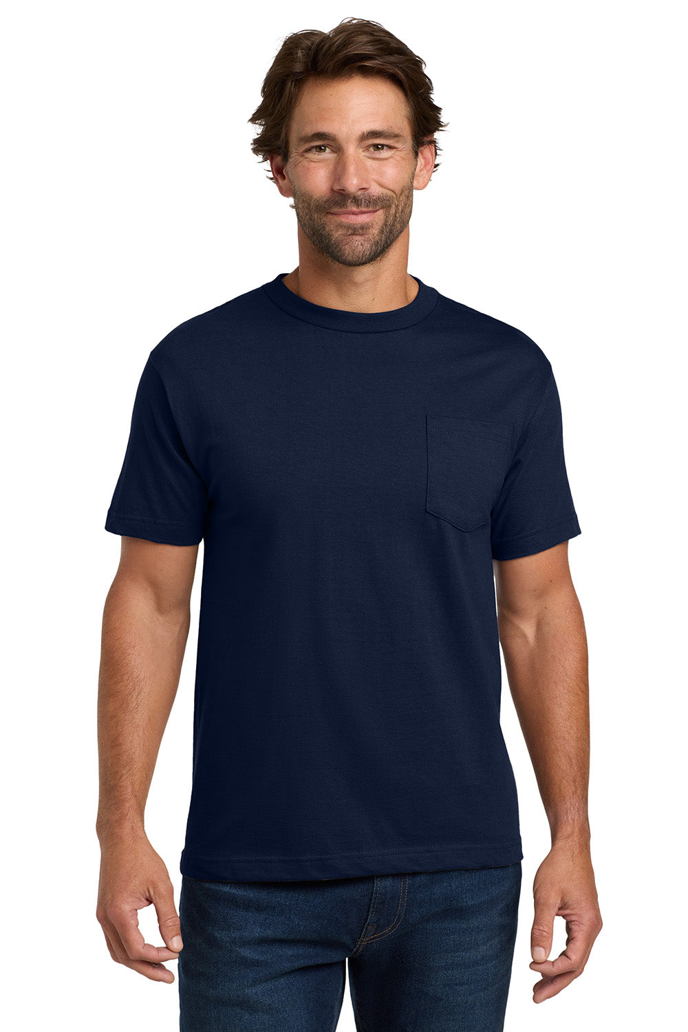 Hanes 5190/5190P Mens Beefy-T Short Sleeve Crewneck T-Shirt w/ Pocket Navy Blue Model Front