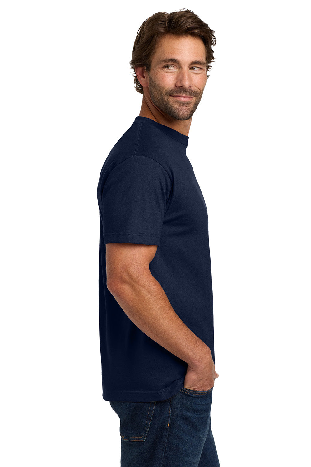 Hanes 5190/5190P Mens Beefy-T Short Sleeve Crewneck T-Shirt w/ Pocket Navy Blue Model Side