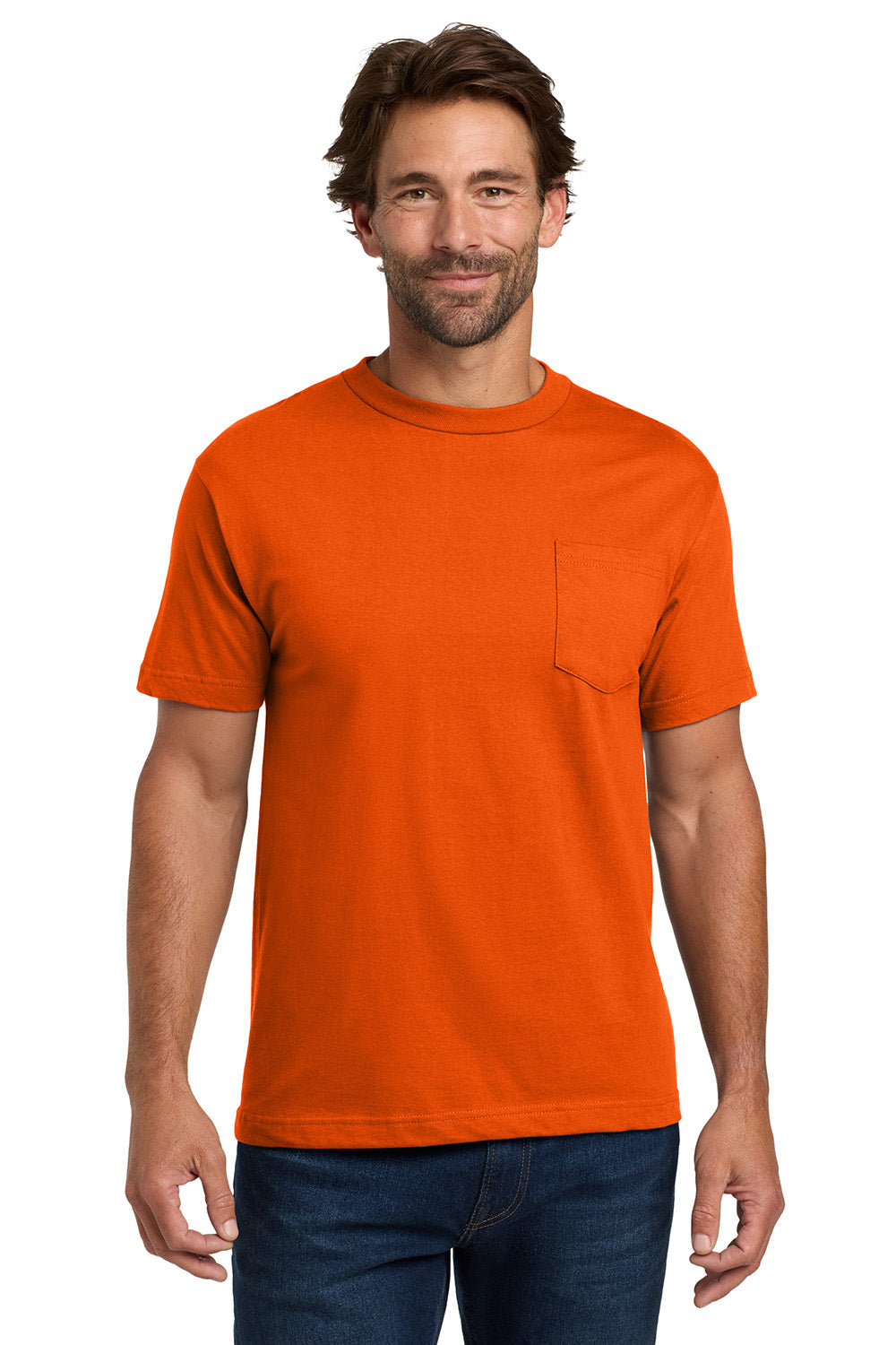 Hanes 5190/5190P Mens Beefy-T Short Sleeve Crewneck T-Shirt w/ Pocket Orange Model Front