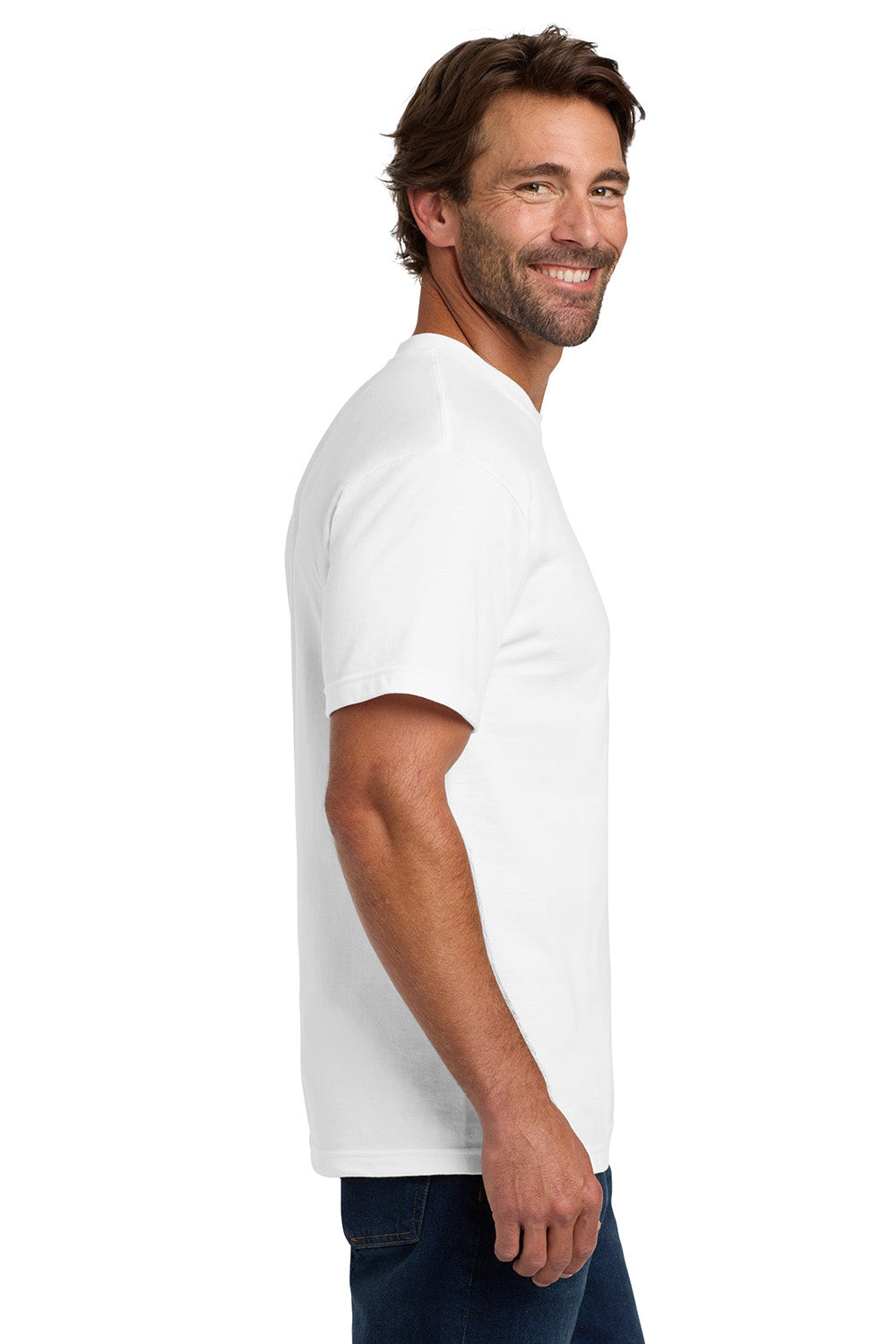 Hanes 5190/5190P Mens Beefy-T Short Sleeve Crewneck T-Shirt w/ Pocket White Model Side