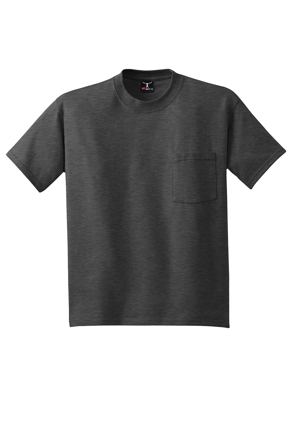 Hanes 5190/5190P Mens Beefy-T Short Sleeve Crewneck T-Shirt w/ Pocket Heather Charcoal Grey Flat Front