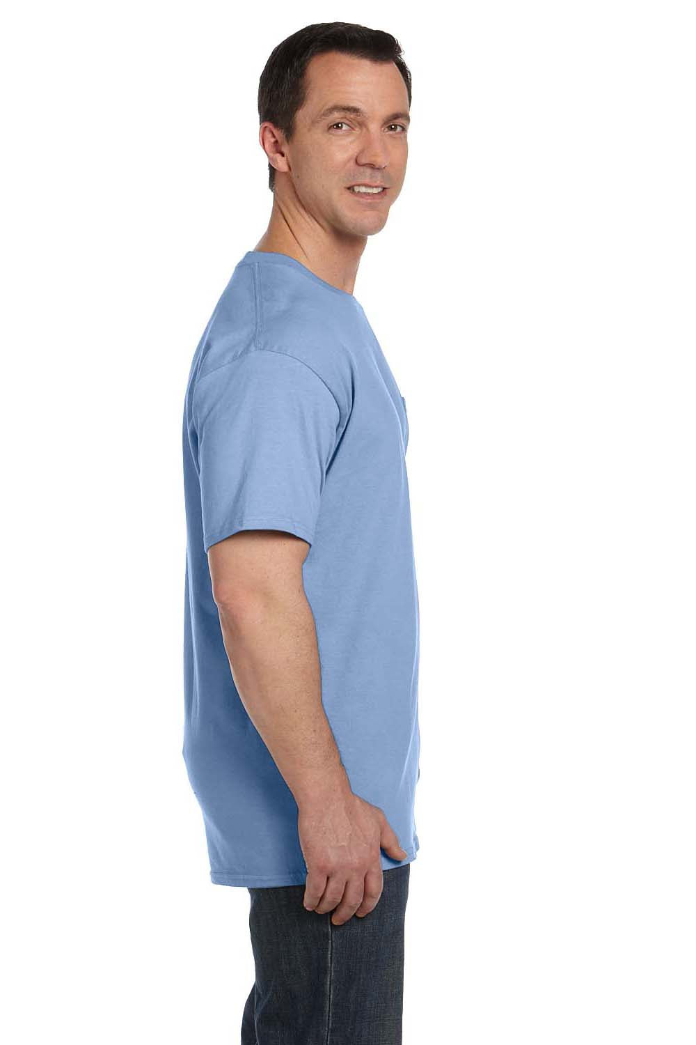 Hanes 5190/5190P Mens Beefy-T Short Sleeve Crewneck T-Shirt w/ Pocket Light Blue Model Side