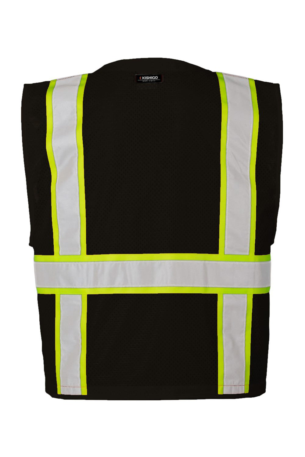 Kishigo B100-111 Mens EV Series Enhanced Visibility Multi Pocket Mesh Vest Black/Lime Green Flat Back