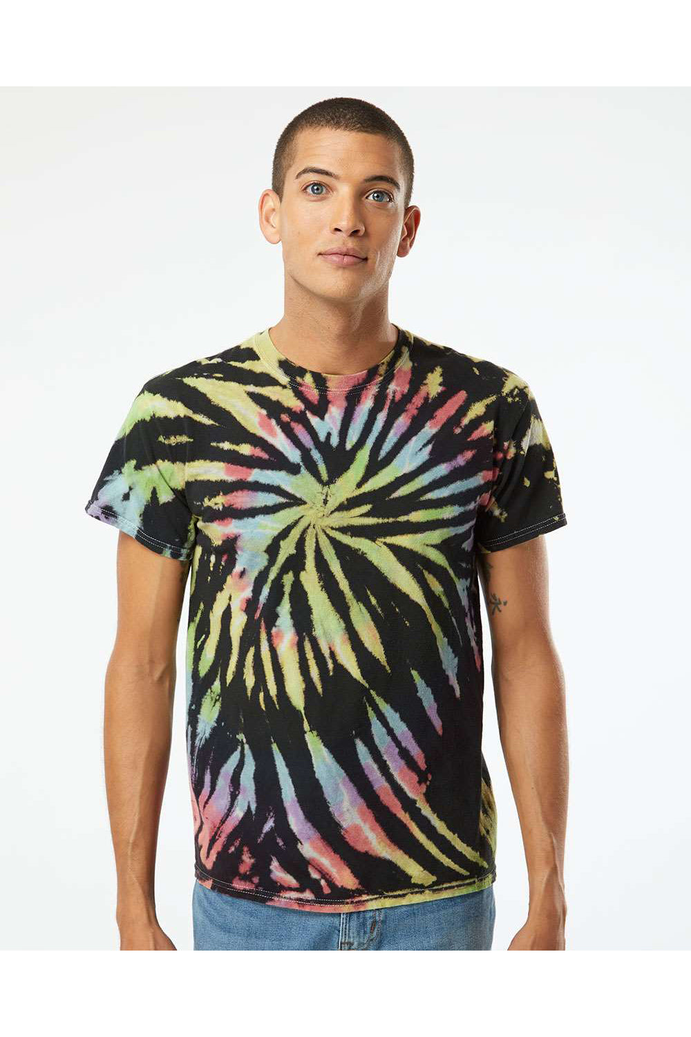 Dyenomite 200MS Mens Spiral Tie Dyed Short Sleeve Crewneck T-Shirt Aurora Model Front