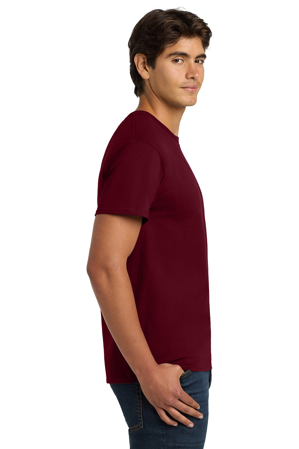 Hanes 5250/5250T Mens ComfortSoft Short Sleeve Crewneck T-Shirt Maroon Model Side