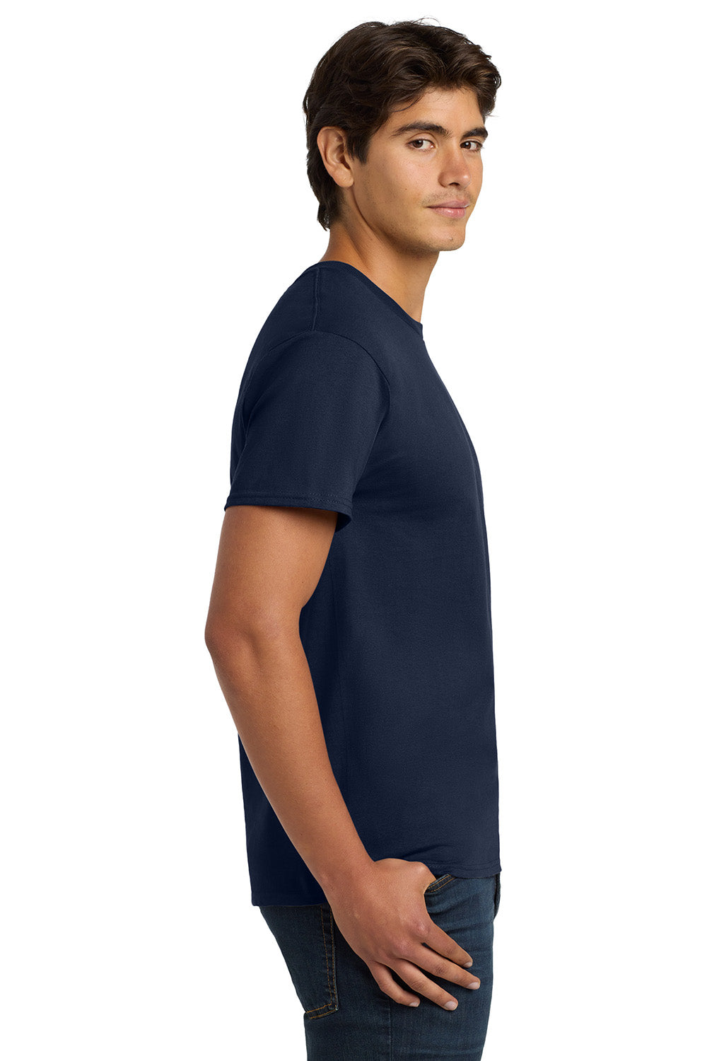 Hanes 5250/5250T Mens ComfortSoft Short Sleeve Crewneck T-Shirt Navy Blue Model Side