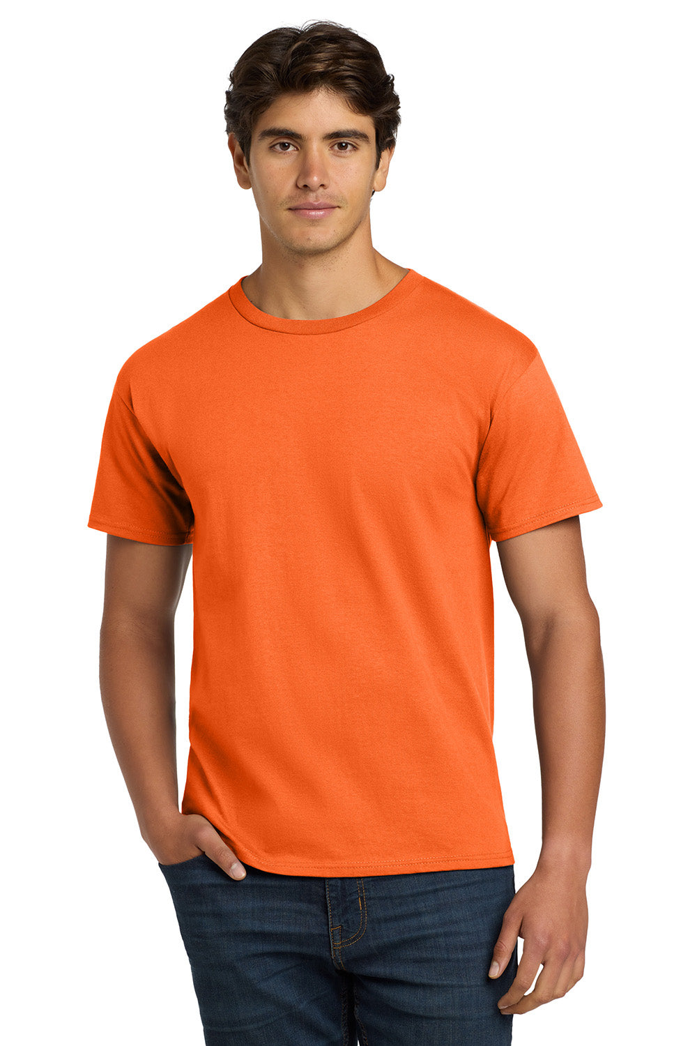 Hanes 5250/5250T Mens ComfortSoft Short Sleeve Crewneck T-Shirt Safety Orange Model Front