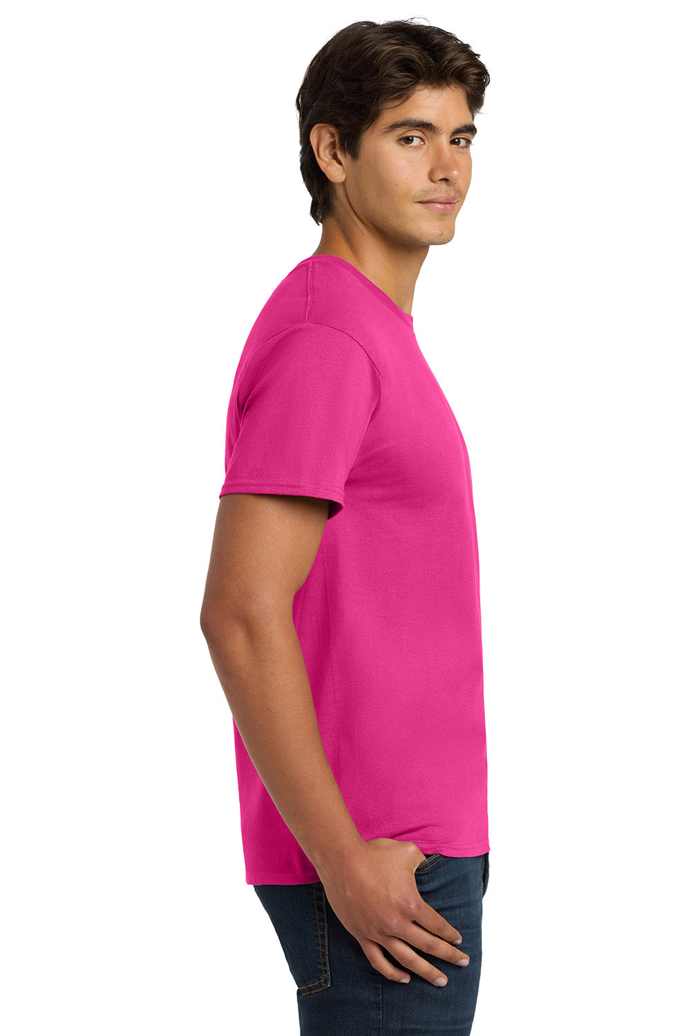 Hanes 5250/5250T Mens ComfortSoft Short Sleeve Crewneck T-Shirt Wow Pink Model Side