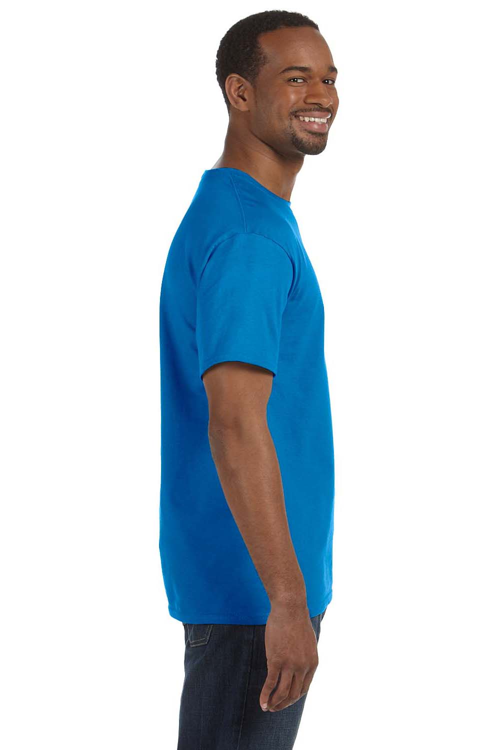 Hanes 5250/5250T Mens ComfortSoft Short Sleeve Crewneck T-Shirt Sapphire Blue Model Side