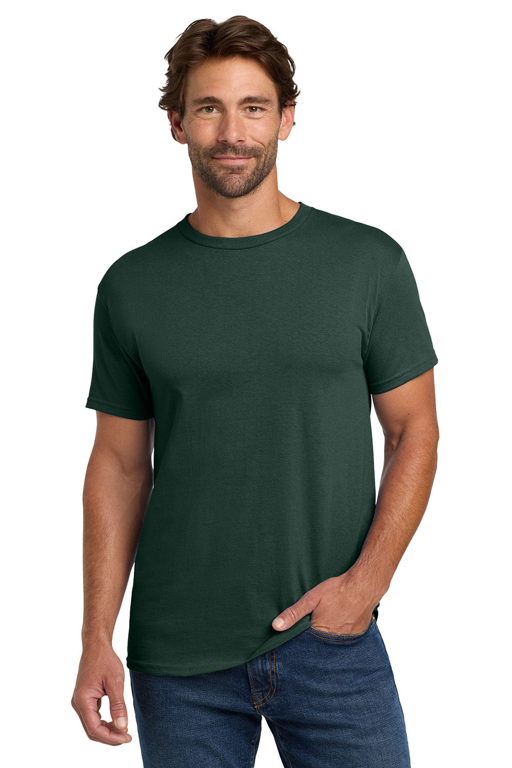 Hanes 5280 Mens ComfortSoft Short Sleeve Crewneck T-Shirt Deep Forest Green Model Front