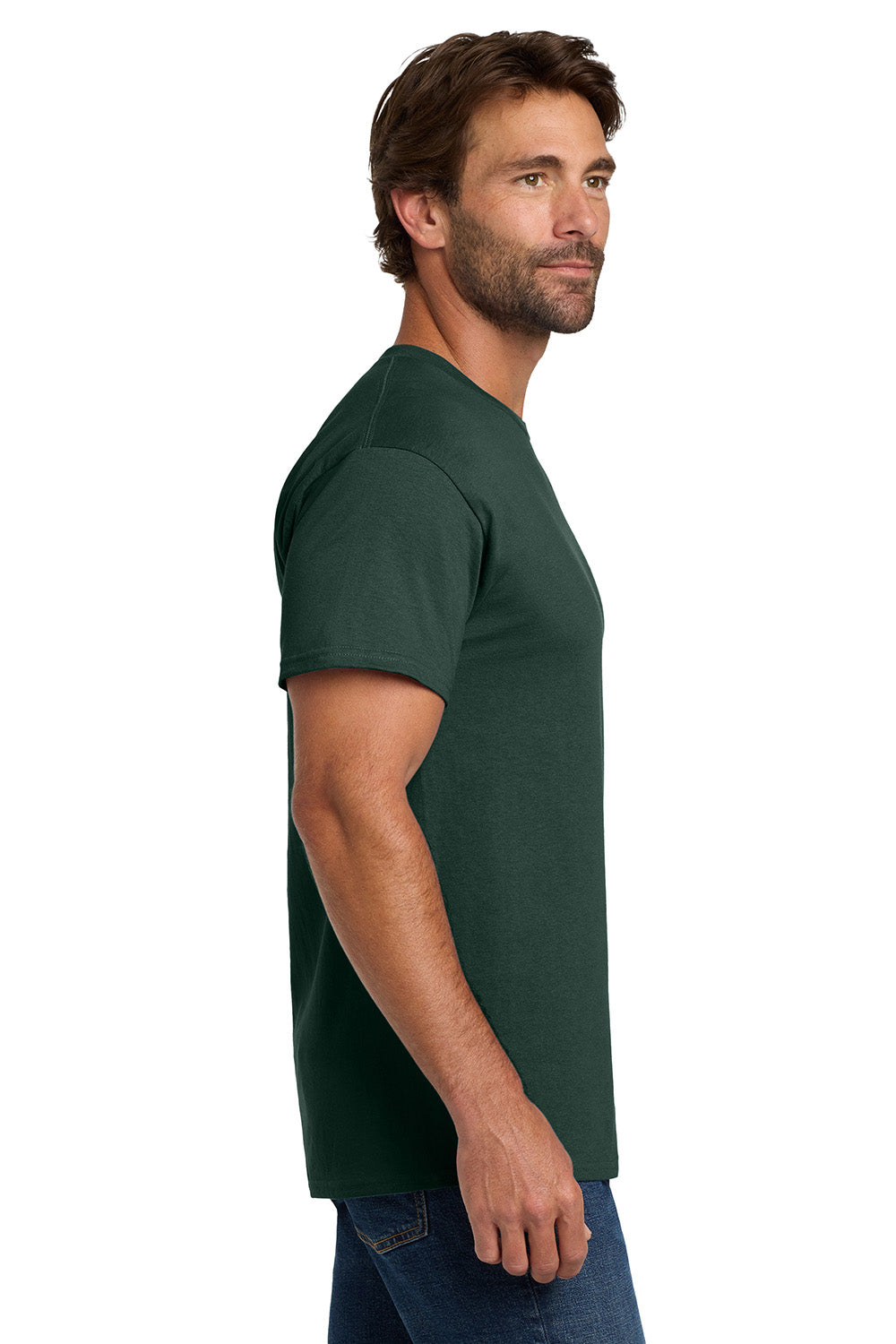 Hanes 5280 Mens ComfortSoft Short Sleeve Crewneck T-Shirt Deep Forest Green Model Side