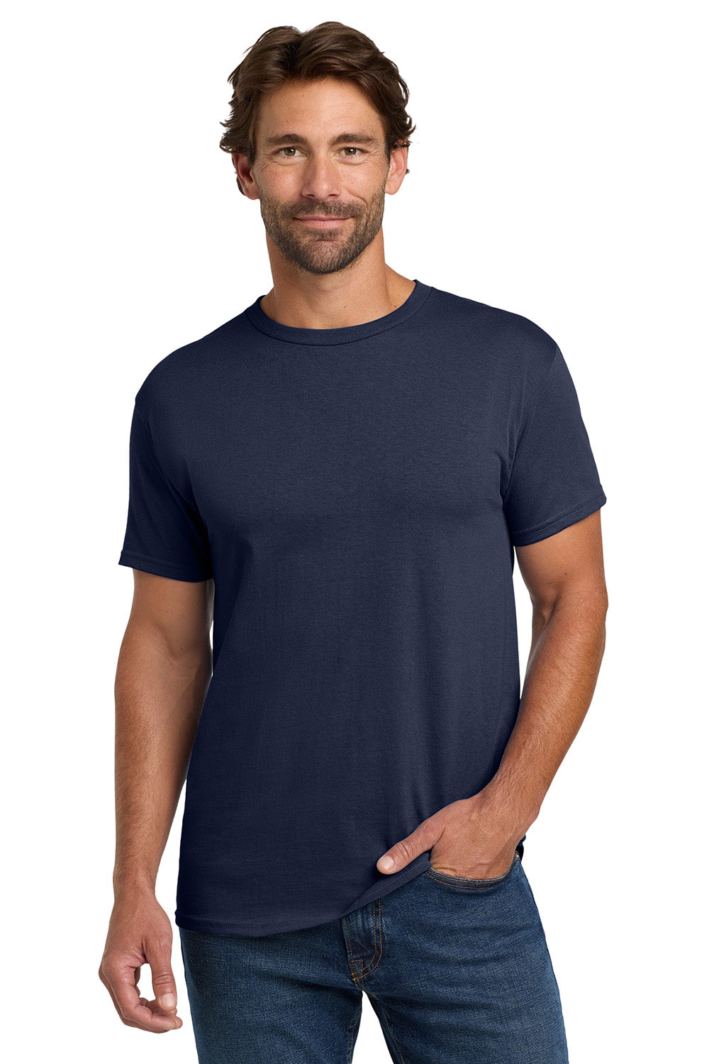 Hanes 5280 Mens ComfortSoft Short Sleeve Crewneck T-Shirt Navy Blue Model Front