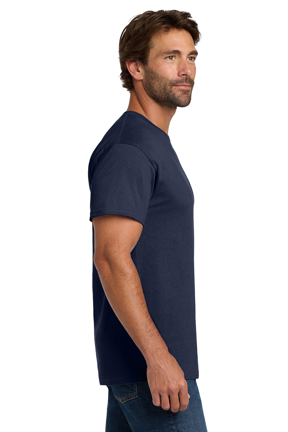 Hanes 5280 Mens ComfortSoft Short Sleeve Crewneck T-Shirt Navy Blue Model Side