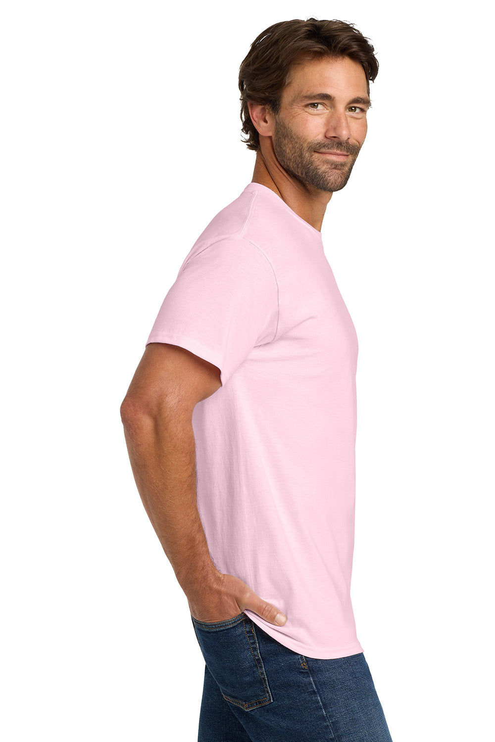 Hanes 5280 Mens ComfortSoft Short Sleeve Crewneck T-Shirt Pale Pink Model Side