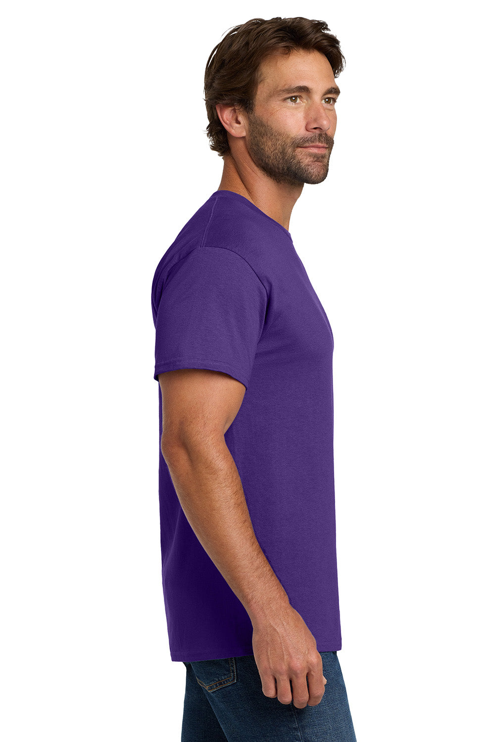 Hanes 5280 Mens ComfortSoft Short Sleeve Crewneck T-Shirt Purple Model Side