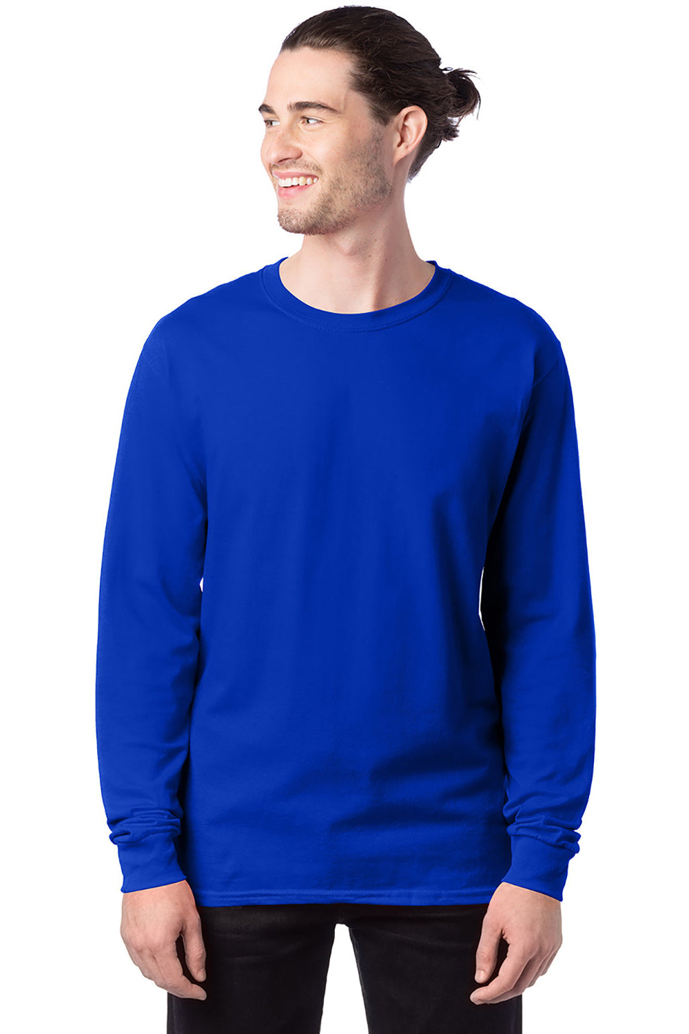 Hanes 5286 Mens ComfortSoft Long Sleeve Crewneck T-Shirt Athletic Royal Blue Model Front