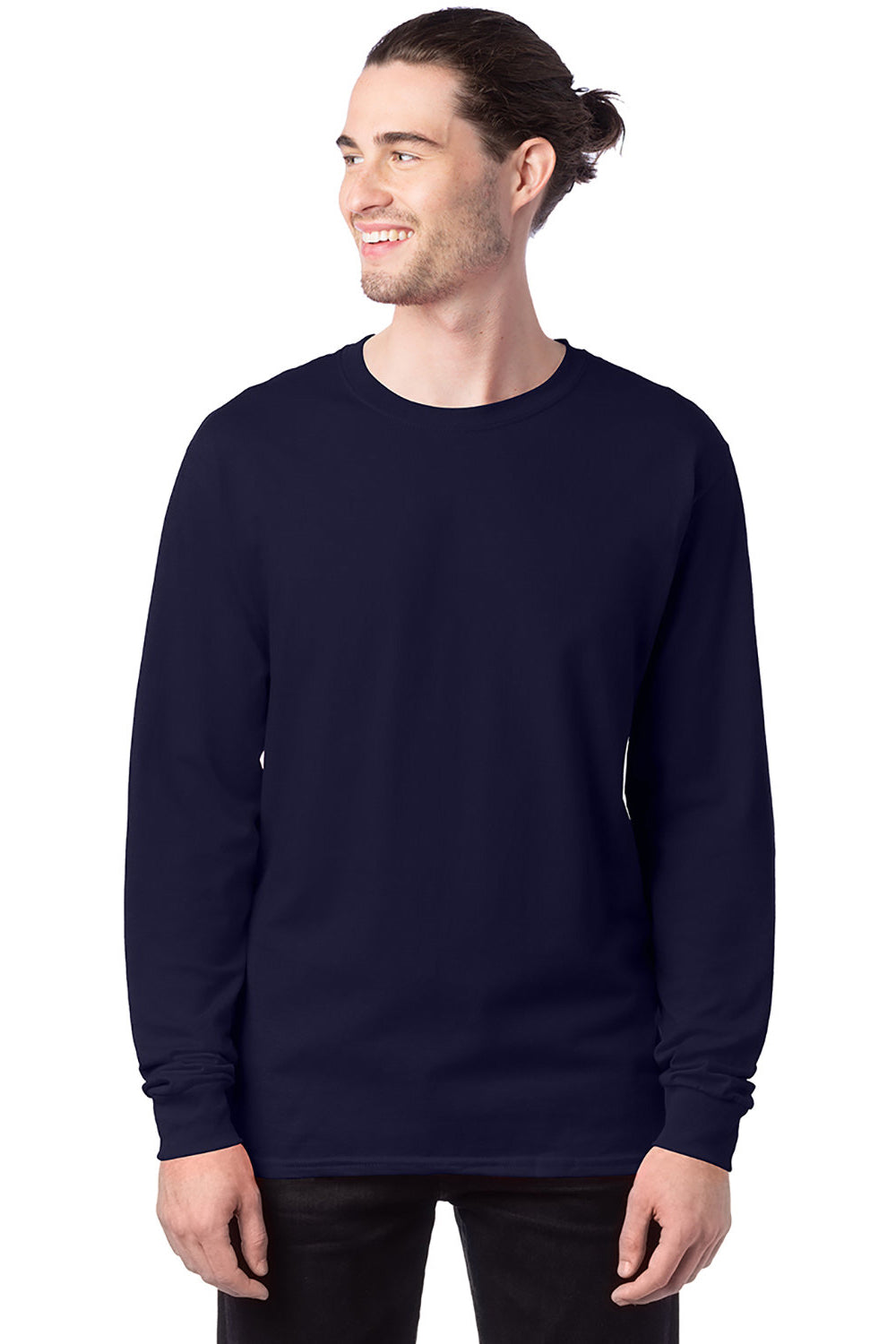 Hanes 5286 Mens ComfortSoft Long Sleeve Crewneck T-Shirt Athletic Navy Blue Model Front