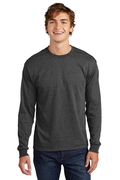 Hanes 5286 Mens ComfortSoft Long Sleeve Crewneck T-Shirt Heather Charcoal Grey Model Front