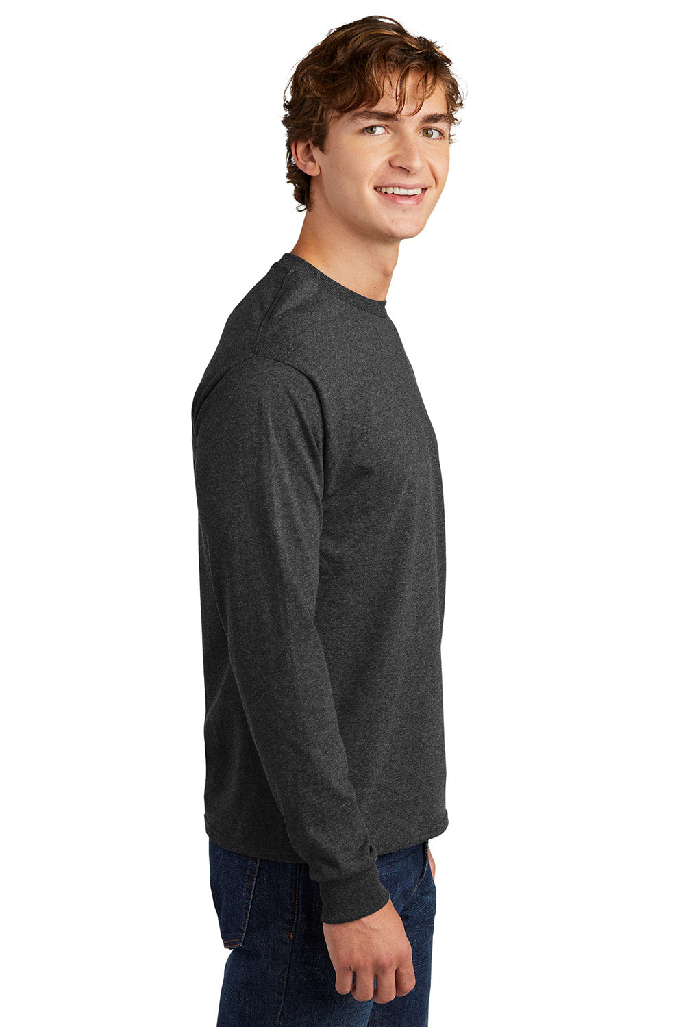 Hanes 5286 Mens ComfortSoft Long Sleeve Crewneck T-Shirt Heather Charcoal Grey Model Side