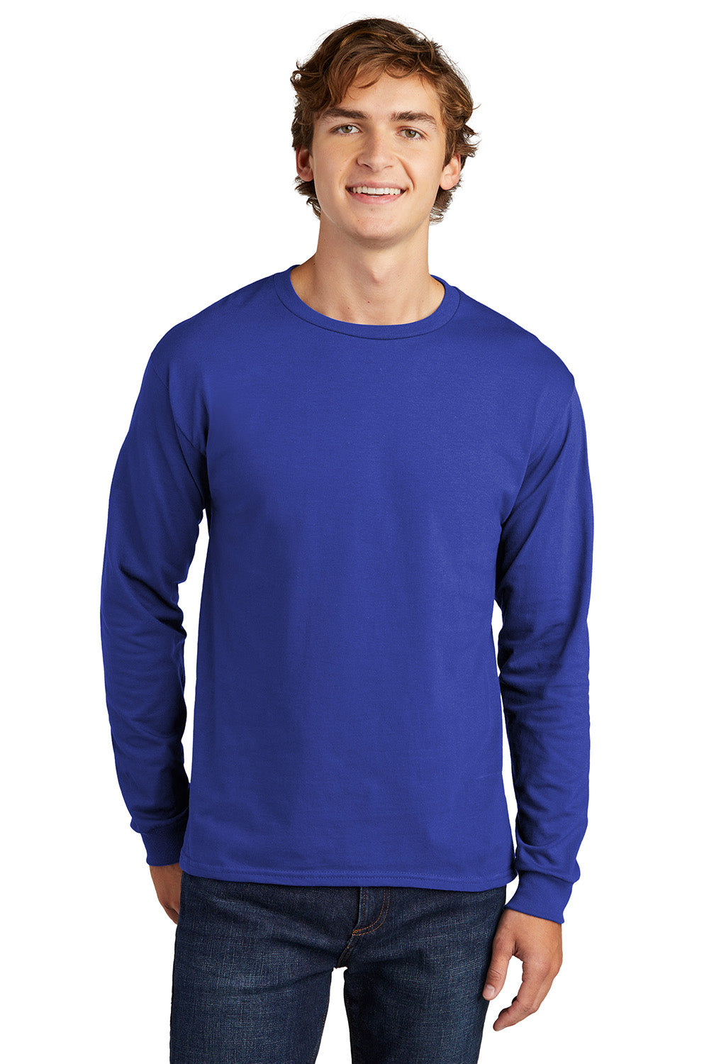 Hanes 5286 Mens ComfortSoft Long Sleeve Crewneck T-Shirt Deep Royal Blue Model Front