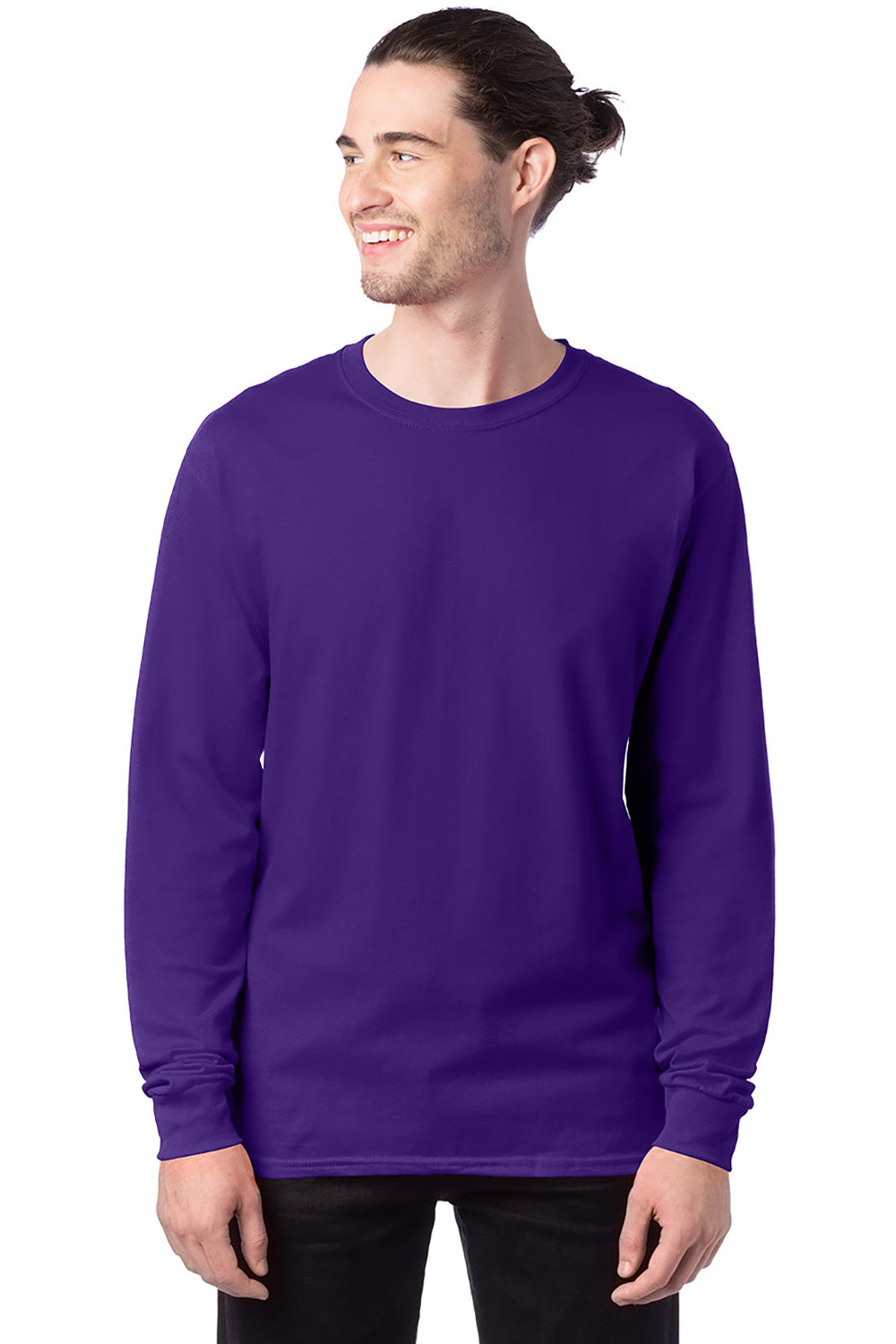 Hanes 5286 Mens ComfortSoft Long Sleeve Crewneck T-Shirt Athletic Purple Model Front