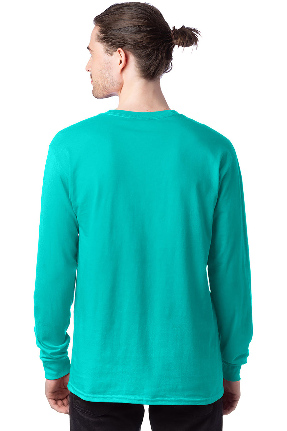 Hanes 5286 Mens ComfortSoft Long Sleeve Crewneck T-Shirt Athletic Teal Green Model Back