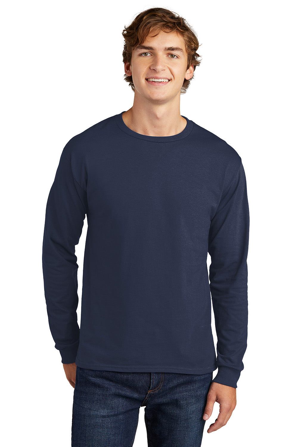 Hanes 5286 Mens ComfortSoft Long Sleeve Crewneck T-Shirt Navy Blue Model Front