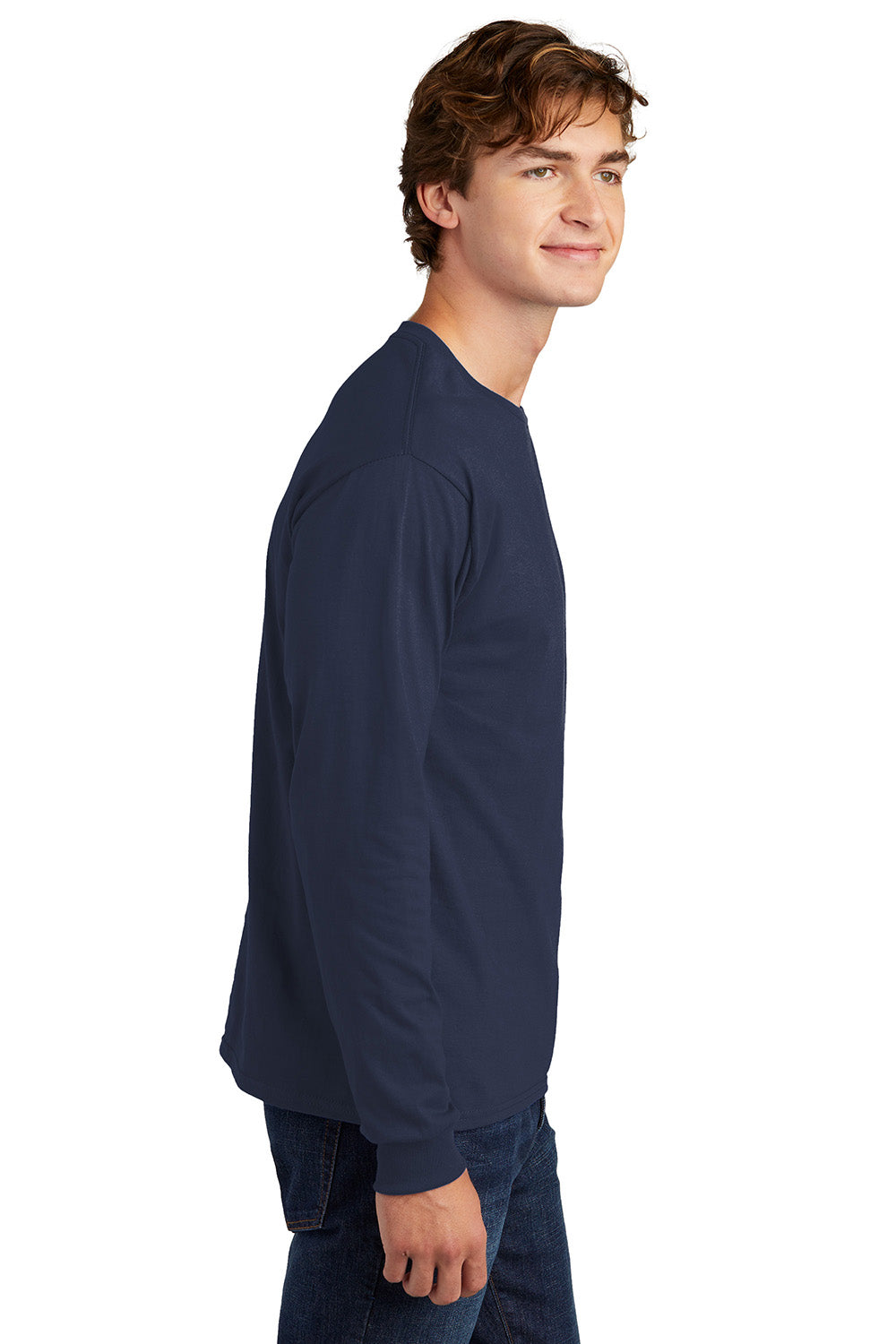 Hanes 5286 Mens ComfortSoft Long Sleeve Crewneck T-Shirt Navy Blue Model Side