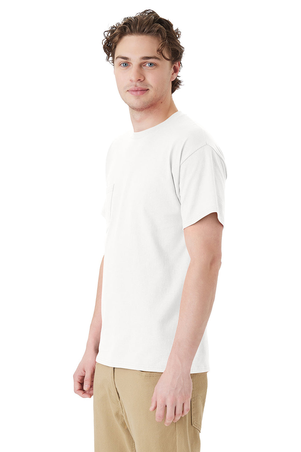 Hanes 5290P Mens Essential Short Sleeve Crewneck T-Shirt w/ Pocket White Model 3Q