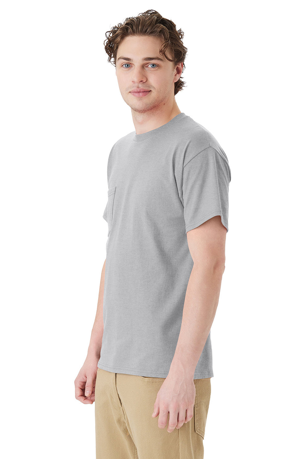 Hanes 5290P Mens Essential Short Sleeve Crewneck T-Shirt w/ Pocket Light Steel Grey Model 3Q