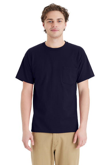 Hanes 5290P Mens Essential Short Sleeve Crewneck T-Shirt w/ Pocket Athletic Navy Blue Model Front