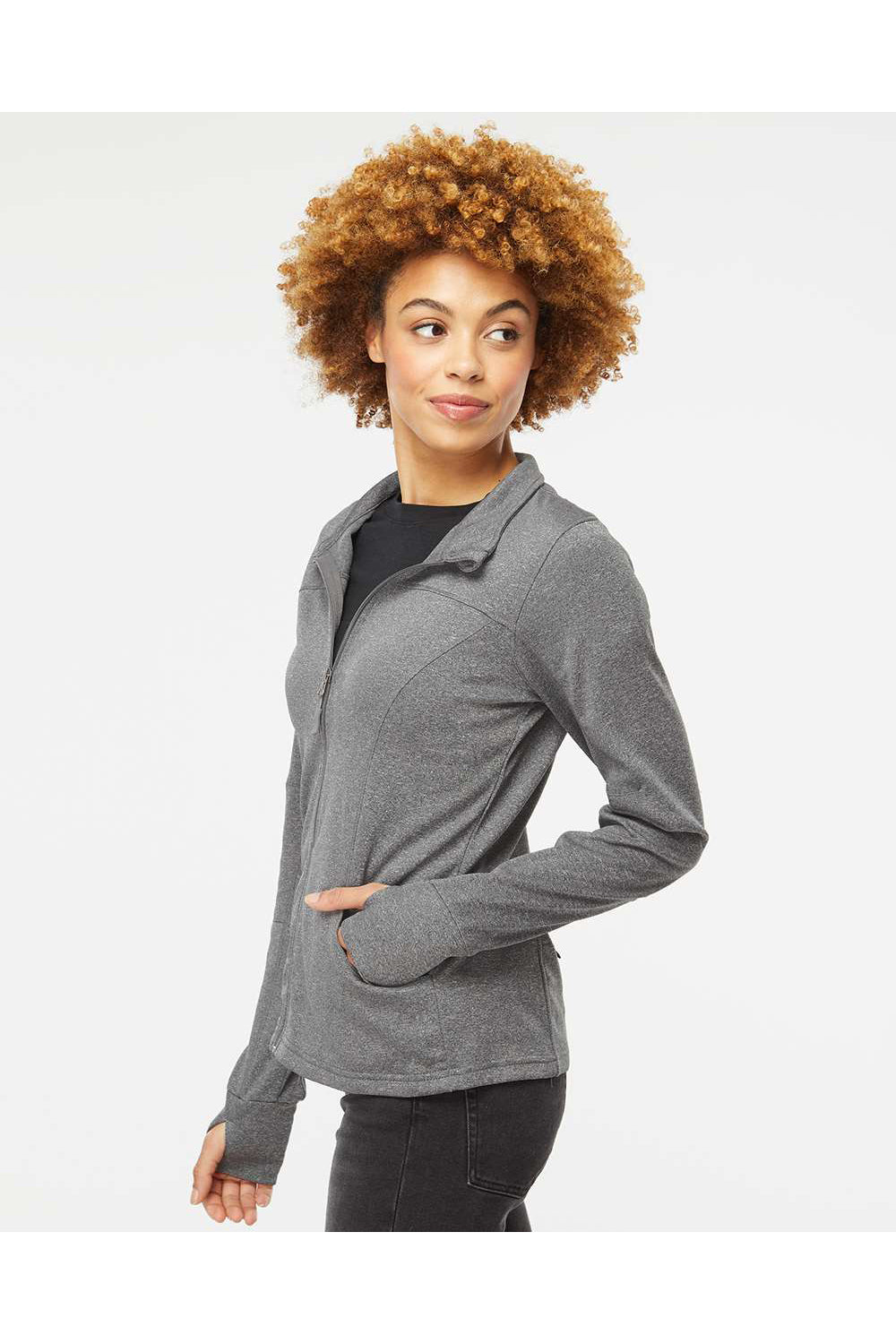 Independent Trading Co. EXP60PAZ Womens Poly Tech Full Zip Track Jacket Heather Gunmetal Grey Model Side