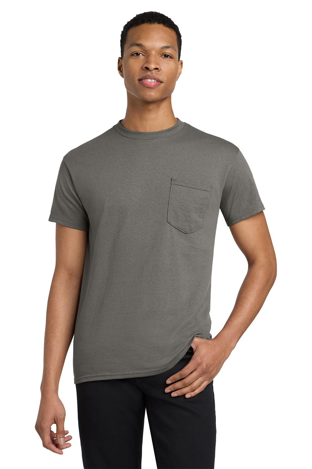 Gildan 5300/G530 Mens Short Sleeve Crewneck T-Shirt w/ Pocket Charcoal Grey Model Front