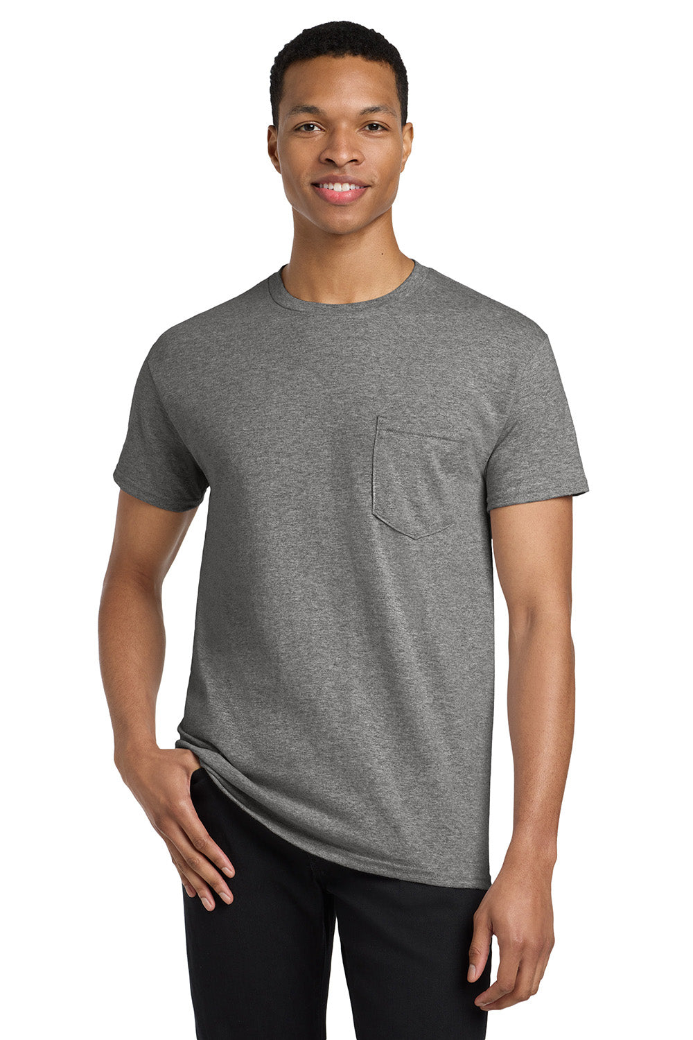 Gildan 5300/G530 Mens Short Sleeve Crewneck T-Shirt w/ Pocket Heather Graphite Grey Model Front