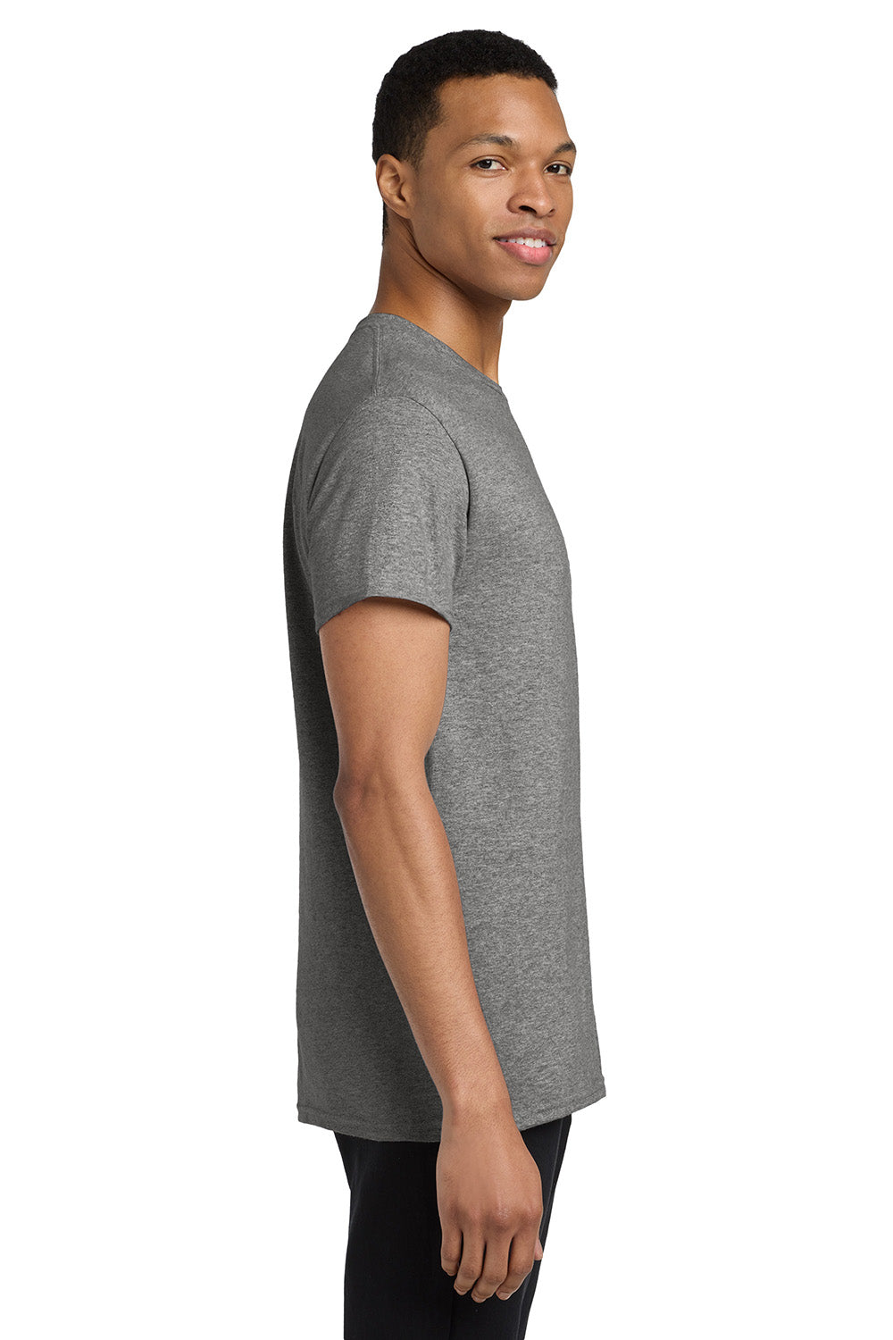 Gildan 5300/G530 Mens Short Sleeve Crewneck T-Shirt w/ Pocket Heather Graphite Grey Model Side